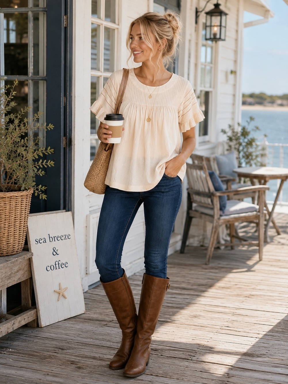 Roolee 100% Cotton Cream Ruffle Sleeve Women's Top